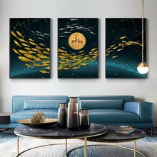 巨创轻奢艺术高清家居装饰画三联现代金色鱼麋鹿现代帆布喷绘画