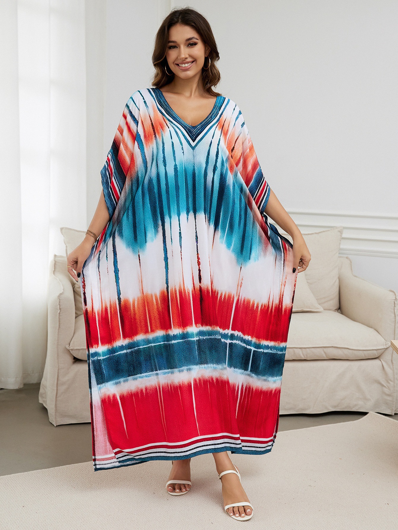 Rochie de plajă lungă kimono dama boho viscoză tie-dye_voghion.com