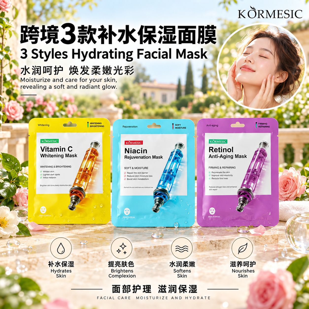 Kormesic Full English Vitamin C Facial Mask Facial Mask Sheet Hydrating and Skin-Friendly Cross-Border Export Manufacturer Wholesale