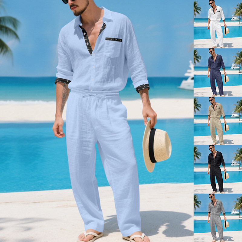 Completo autunnale da uomo in lino, camicia casual da uomo in stile old money, pantaloni a maniche lunghe, completo da uomo a due pezzi_voghion.com