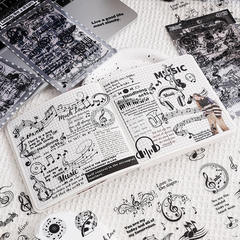 Suya nota transparente pegatinas impermeables pet diy diario de mano pegatinas decorativas pegatinas transfronterizas notas retro instrumento musical pegatinas