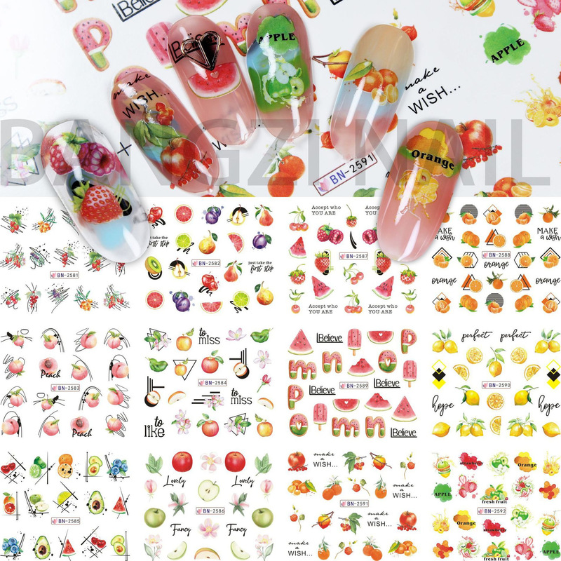 Cross-border new nail water stickers summer fruit watermelon lemon Big 12 in one watermark stickers e-commerce wholesale