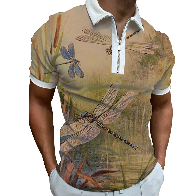 Polo da uomo con stampa drago e zip stile casual estivo_voghion.com