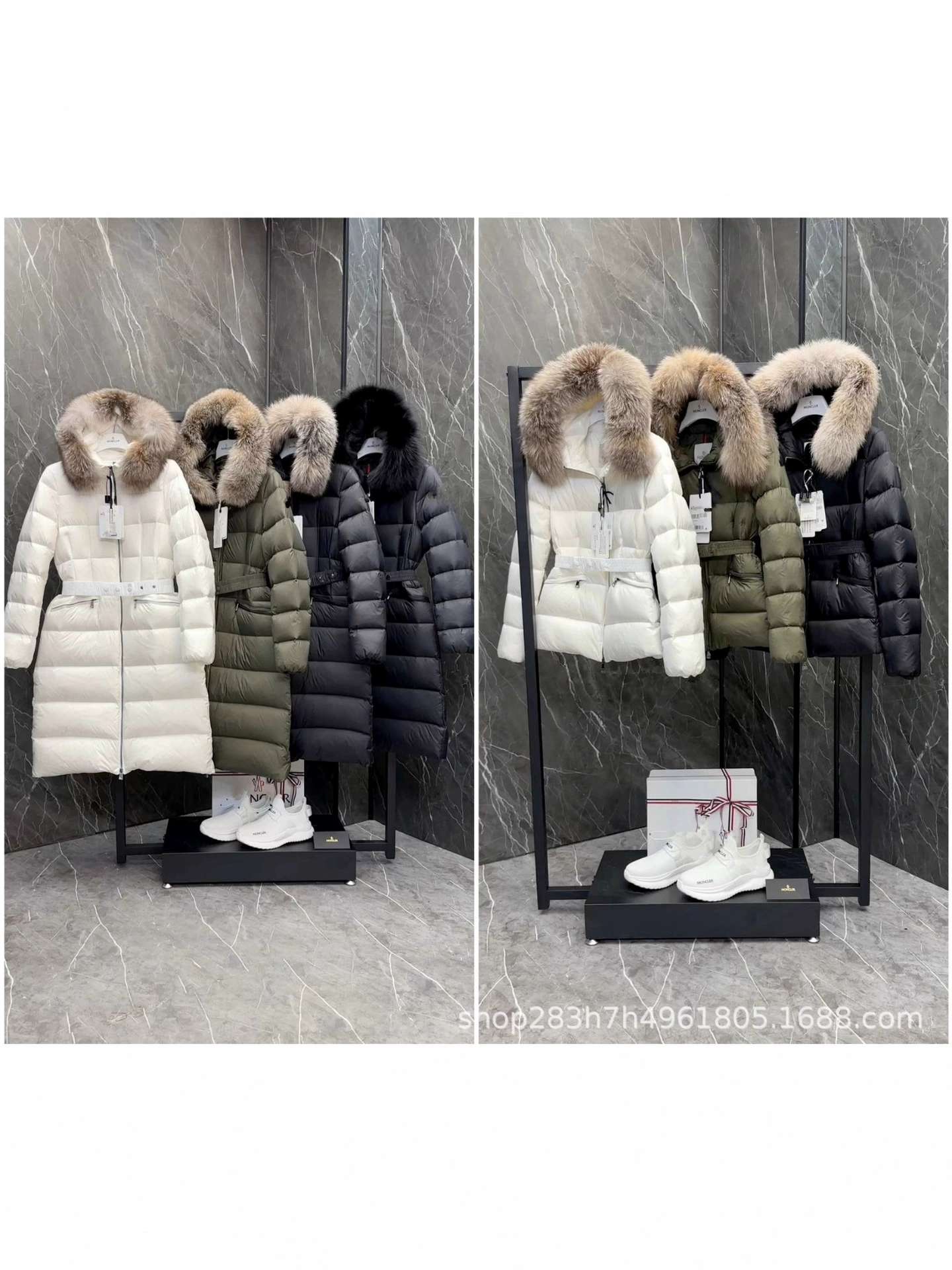 Down jacket, long fitted hoody, belt, mid-length