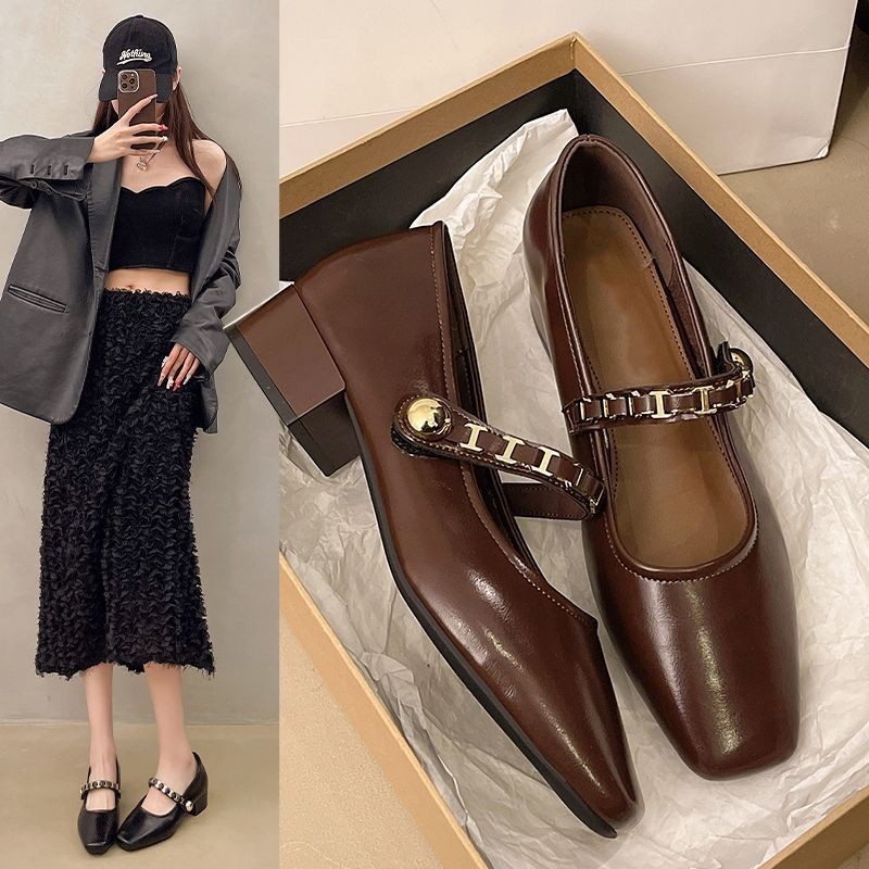French Retro Single-layer Shoes Women's 2025 Spring and Autumn New Low Heeled Square Toe Shallow Mouth One-word Buckle Shallow Mouth Mary Jane Shoes