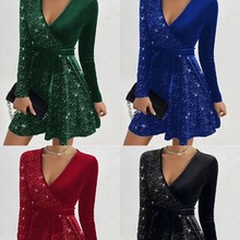 2025跨境亚马逊欧美秋冬装性感v领包臀不规则短裙亮片连衣裙