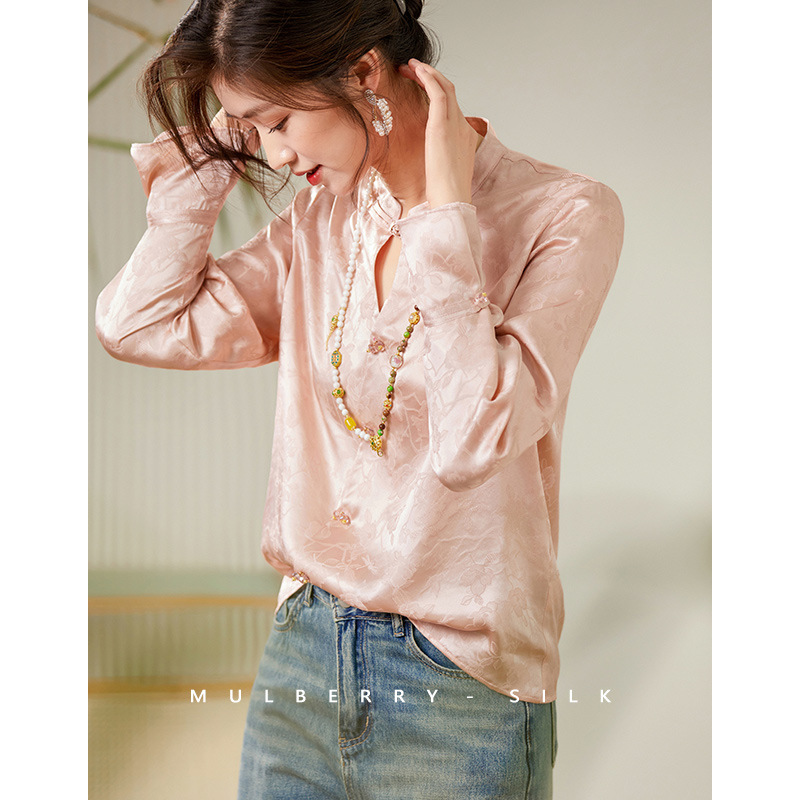 New Chinese Style 100% Silk Shirt for Women 2026 Spring New Stand Collar Button Jacquard Long Sleeve Top