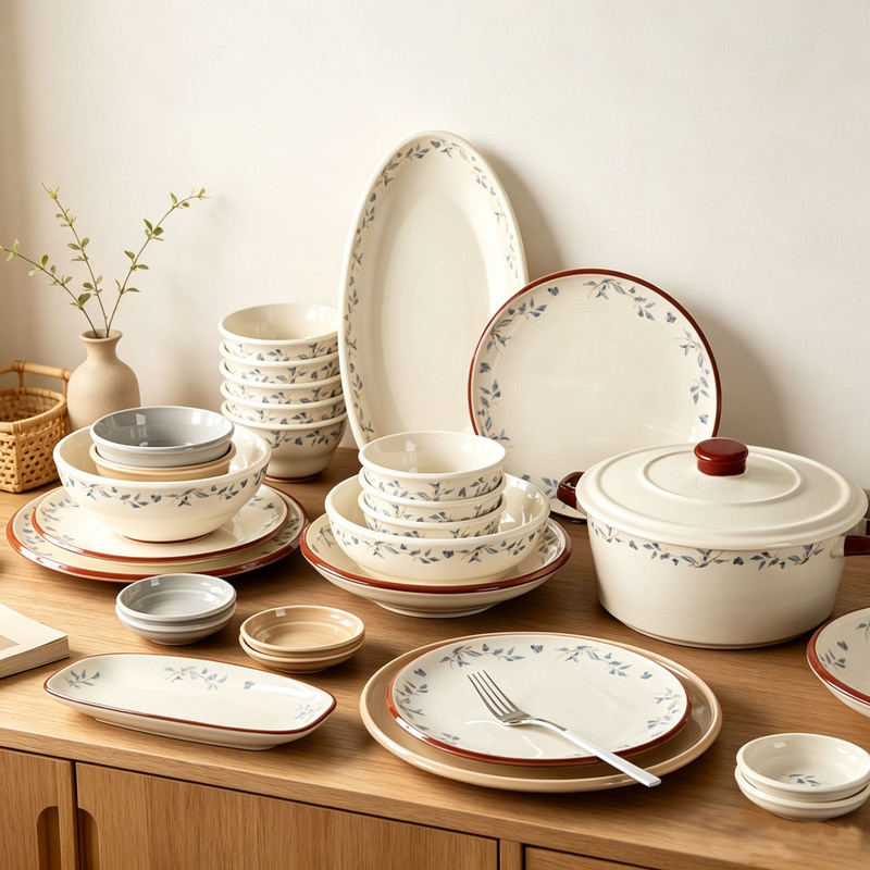 51-Piece Set of Underglaze Colored Ceramic Bowls and Plates, Household Tableware Set, New Chinese-Style High-Value Bowl and Plate Combination, Housewarming Gift