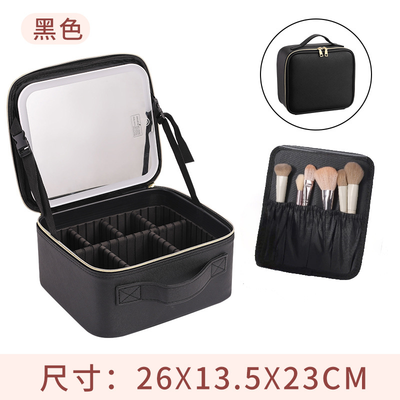 Bolsa de maquillaje con luz LED y espejo, bolsa de almacenamiento de cosméticos negra de gran capacidad, estuche de maquillaje en polvo, esencial para viajes con LED