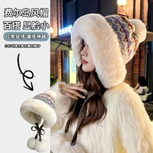 冬季女款风毛帽加绒加厚保暖针织帽蒙古护耳毛线帽大头围雷锋帽子