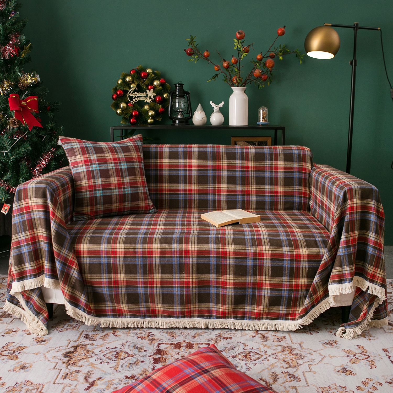 Qixin Sofa Towel Multifunctional Cover Towel Christmas Coffee Color Woven Plaid Retro Factory Direct Supply