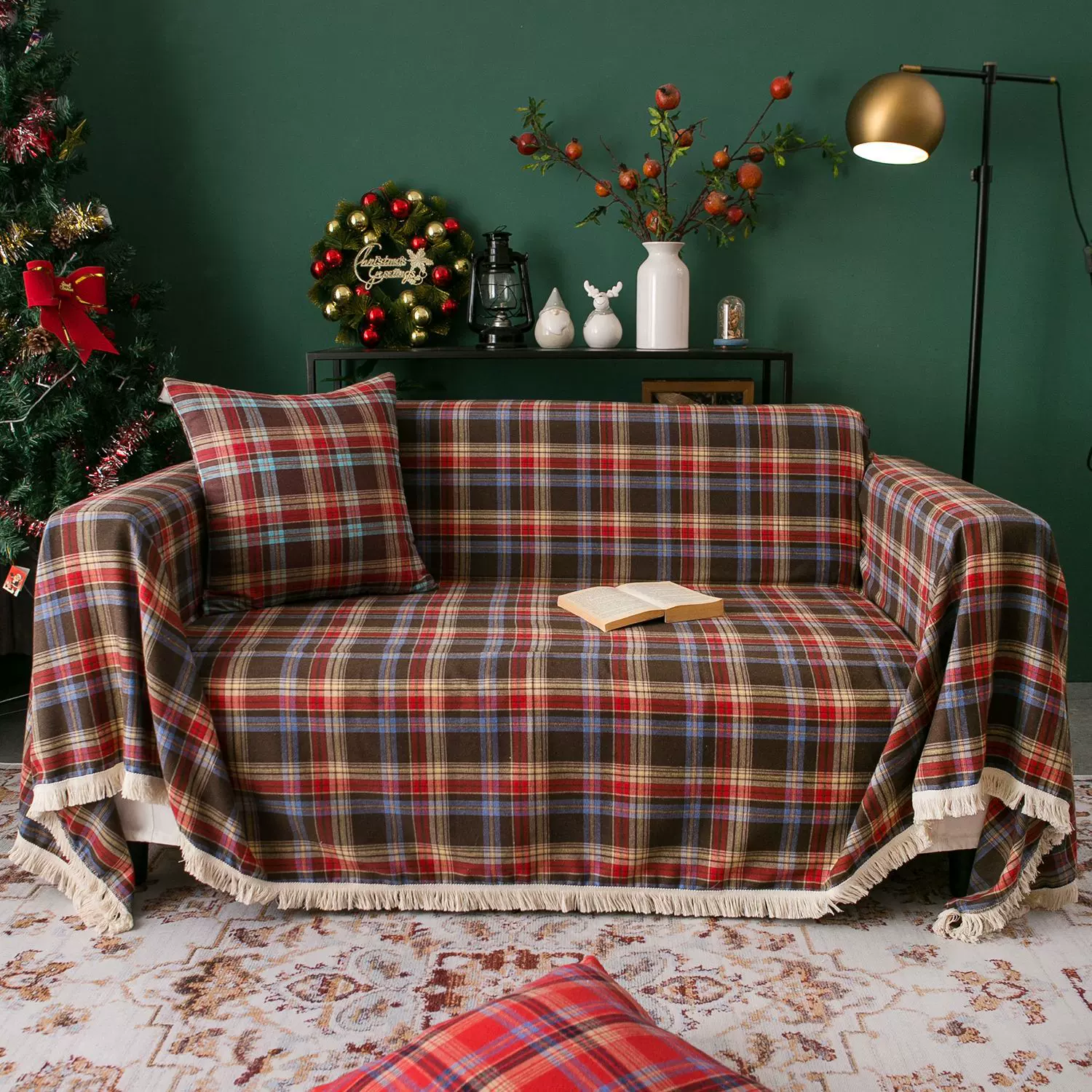 伊缦琪韵沙发巾多功能盖巾圣诞节日咖啡色织格子复古工厂直供