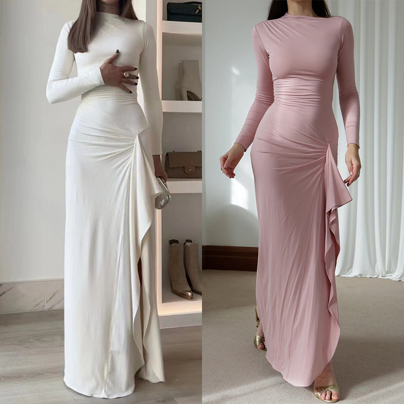 Cross-border Fashion Tight Waist Split Women's Evening Dress Elegant Slant Shoulder Collar Pleated High Neck Long Sleeve Irregular dress
