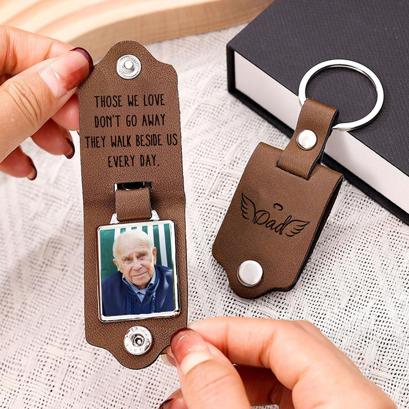 Cross-Border Photo Leather Keychain, Photo Uv Color Printing, Laser-Engraved Stainless Steel Pendant, Father's Day Gift