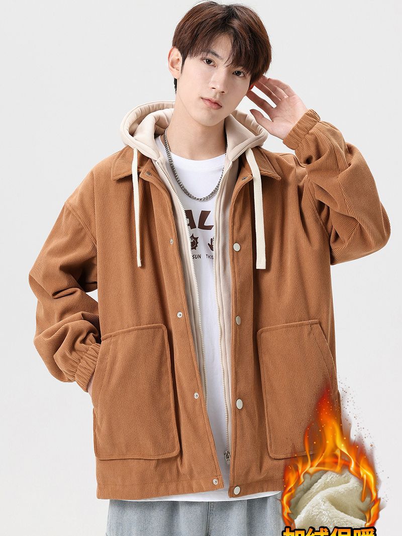 Marca de moda japonesa pareja chaqueta con capucha de pana Otoño e Invierno forro de lana engrosada Hombres estilo Hong Kong falso chaqueta de suéter de dos piezas