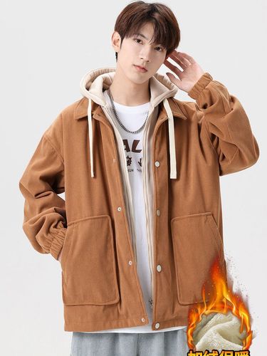 Japanese trendy brand couple's corduroy hooded jacket for autumn and winter, lined and thickened, unisex, Hong Kong style, pseudo-two-piece sweatshirt jacket