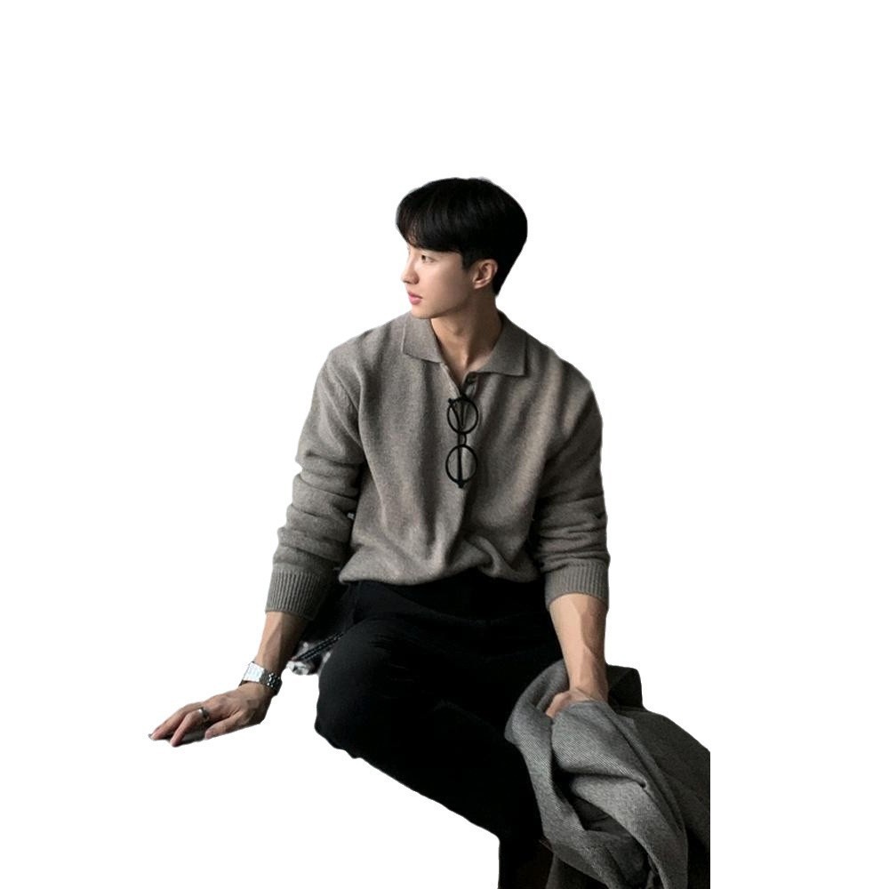 トレンドの新しい東大門韓国メンズラペルセーター男性デザイナーポロネック肌に優しいルーズニットセーター