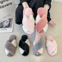 拼色交叉幫毛毛拖鞋女秋冬跨境亞馬遜大碼居家木地板露趾保暖棉拖