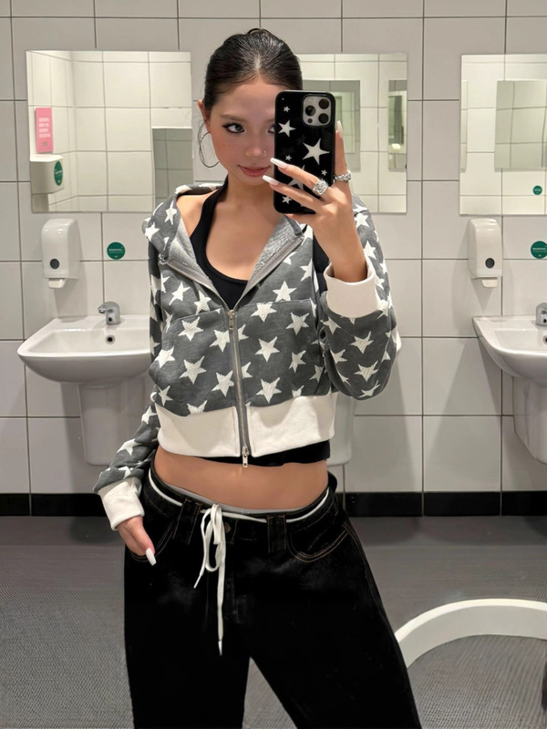 小众高级感星星满印连帽拉链卫衣秋季新款小个子宽松百搭时尚外套|undefined