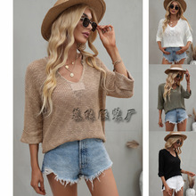 亚马逊新款春夏欧美V领跨境女装针织宽松纯色外贸时尚套头毛衣女