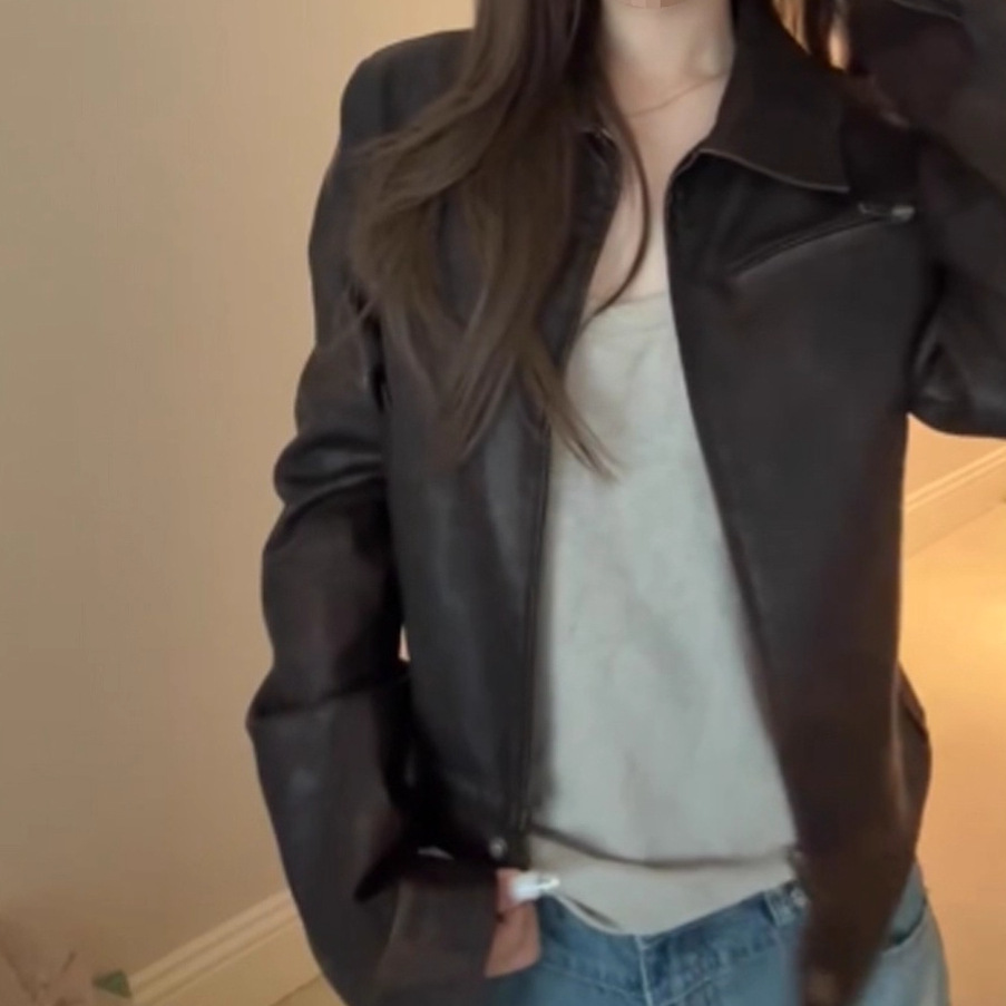 秋季2025年新款修身机车夹克上衣酷飒风美式复古短款皮衣外套女