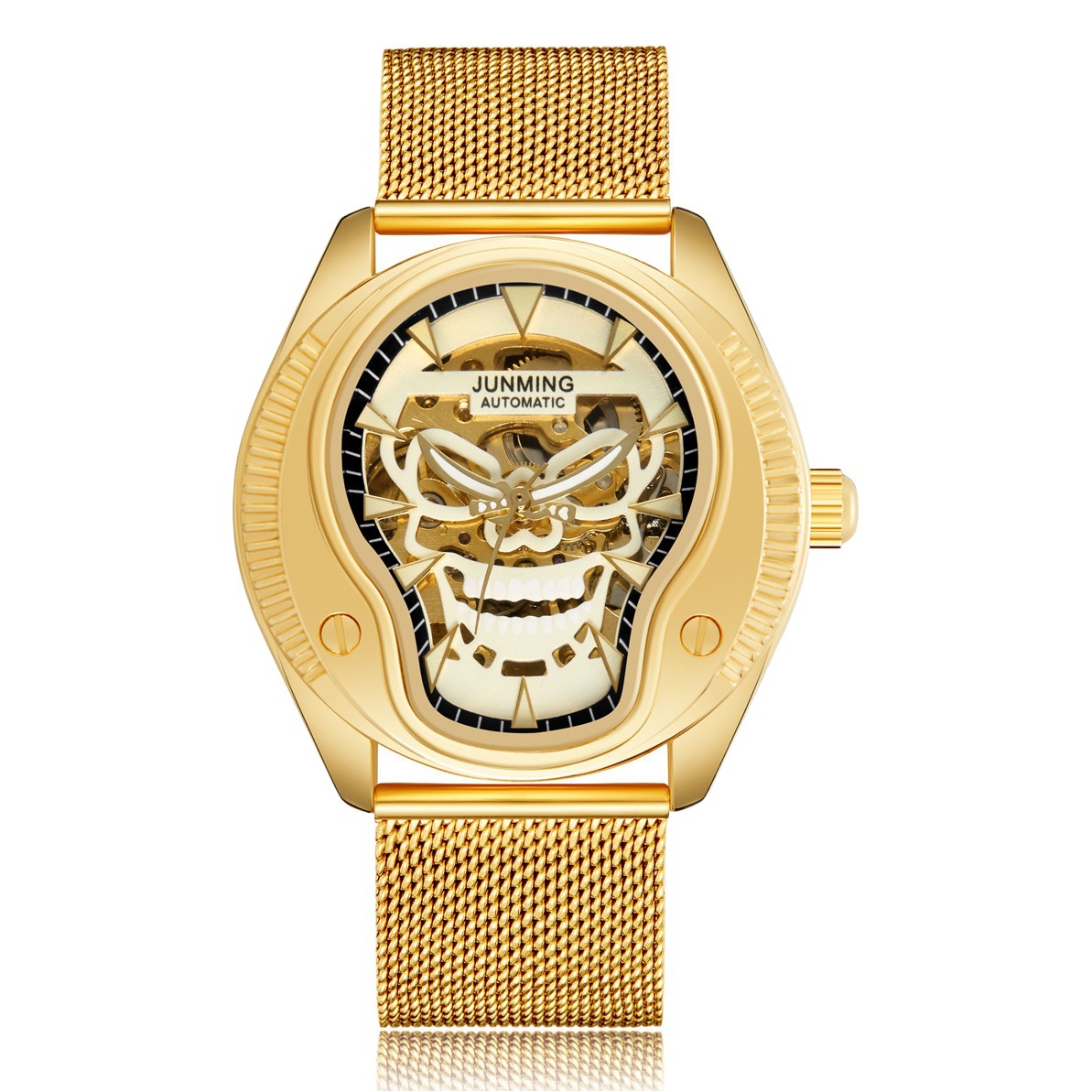 JUNMING Suiza productos genuinos moda impermeable reloj de los hombres correa de acero luminoso reloj mecánico automático cráneo hueco