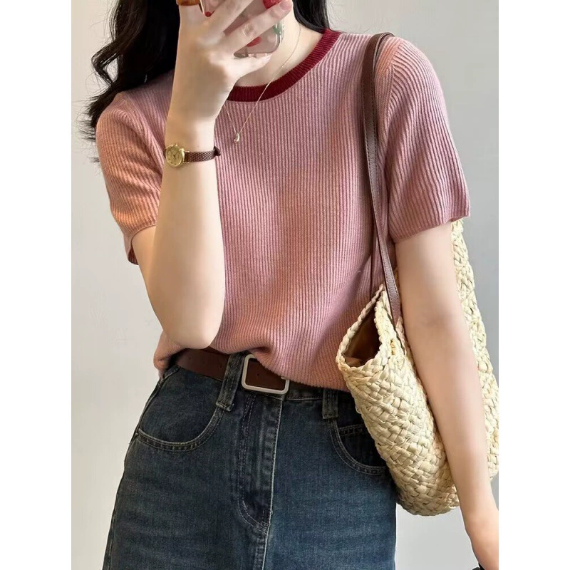 Свитер с короткими рукавами, женский весенний новый дизайн, уникальный шикарный топ с коротким контрастным цветом, свитер с круглым вырезом