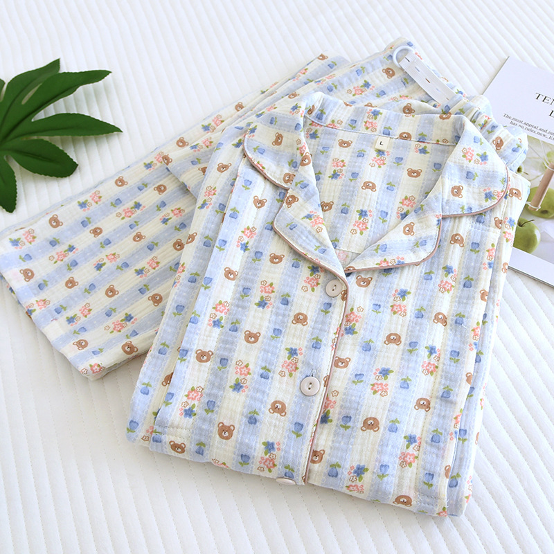 Spring and summer cotton crepe double-layer cotton yarn confinement clothes postpartum long-sleeved trousers nursing maternity clothes nursing home clothes