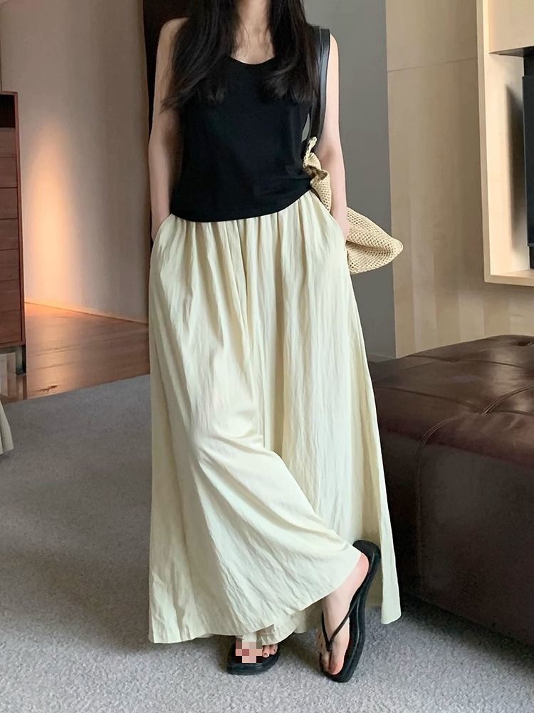 Textured casual trousers for women new retro high waist slim design solid color wide leg skirt pants_voghion.com