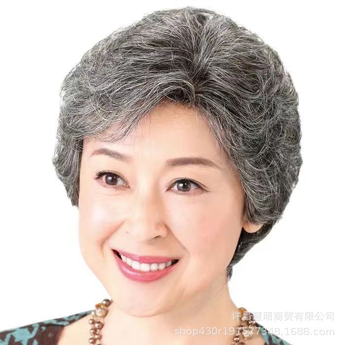 女性用白髪本物の髪のかつら、短い巻き毛、おばあちゃんの白髪、高齢者向けのフルヘアセット、ミックスフル本物の肩の長さ|undefined