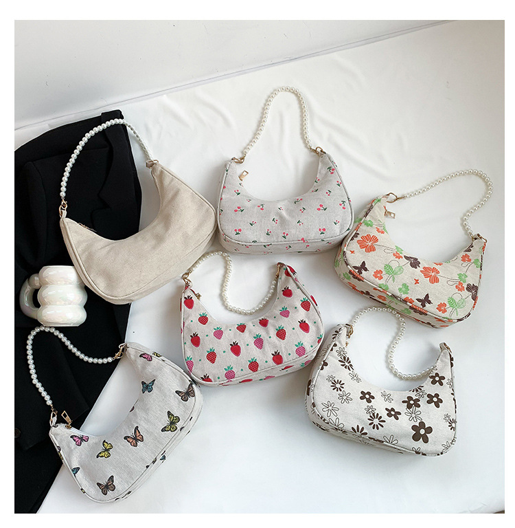 Women's Canvas Fruit Flower Elegant Pearls Dumpling Shape Zipper Underarm Bag display picture 1