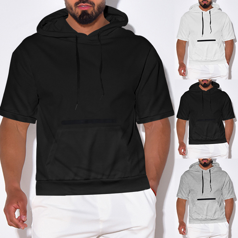 Nuevo cross-border hombre europeo y americano casual deportes hombre encapuchado camiseta de manga corta fresca y larga camiseta de hombre