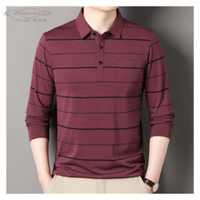 直播爆款长袖T恤男士中老年翻领爸爸装条纹体恤衫有口袋春秋上衣