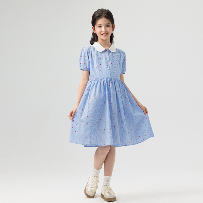 Girls' Korean Style Dress Short-Sleeved Shirt Dress 2026 Summer Children's Clothing for Older Children Polka Dot Houndstooth Skirt Pure Cotton
