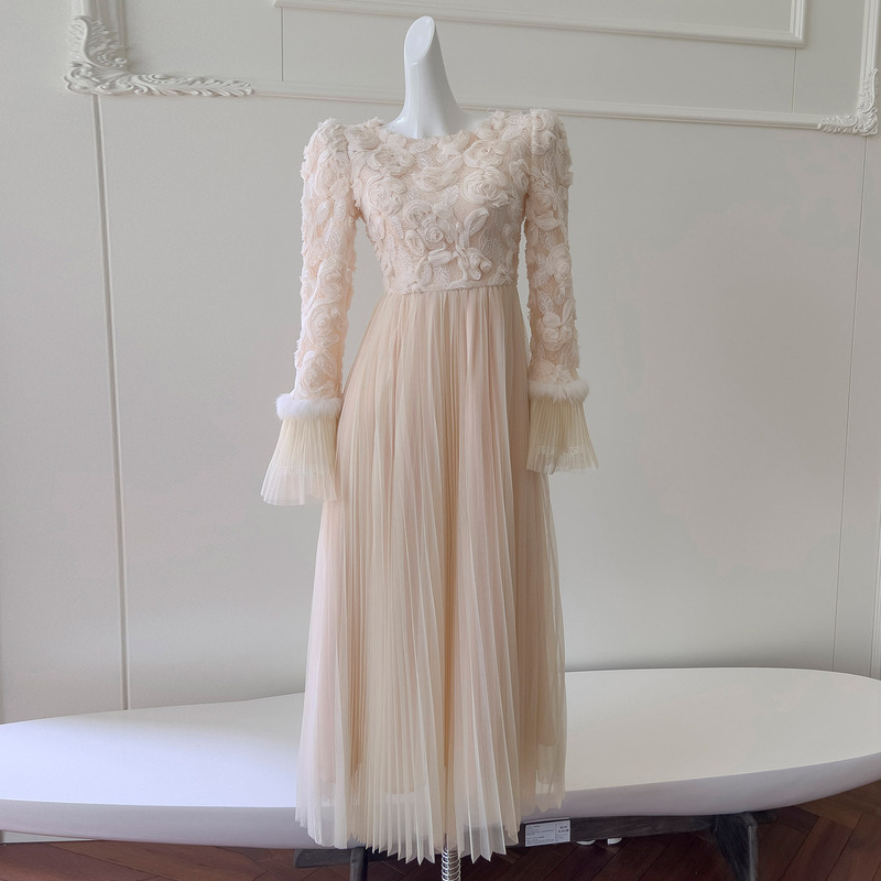 French Retro Fairy Long Dress, Lady Dress, Round Neck, Bell Sleeves, Elegant Date Party Dress 69099
