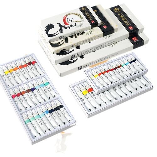 Chinese painting paint tool set for beginner students 12 colors 24 colors brush meticulous painting ink painting paint set