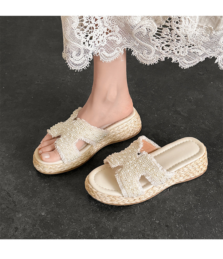 Dép sandal xỏ ngón nữ đế bệt cao 5 cm phong cách Pháp đính ngọc trai và đá — màu trắng ngà, màu mơ chi tiết 19