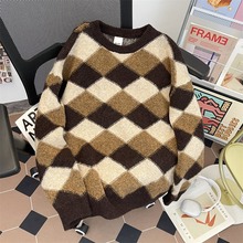 美式复古菱格撞色毛衣男女情侣装秋冬季2025宽松慵懒风针织衫外套