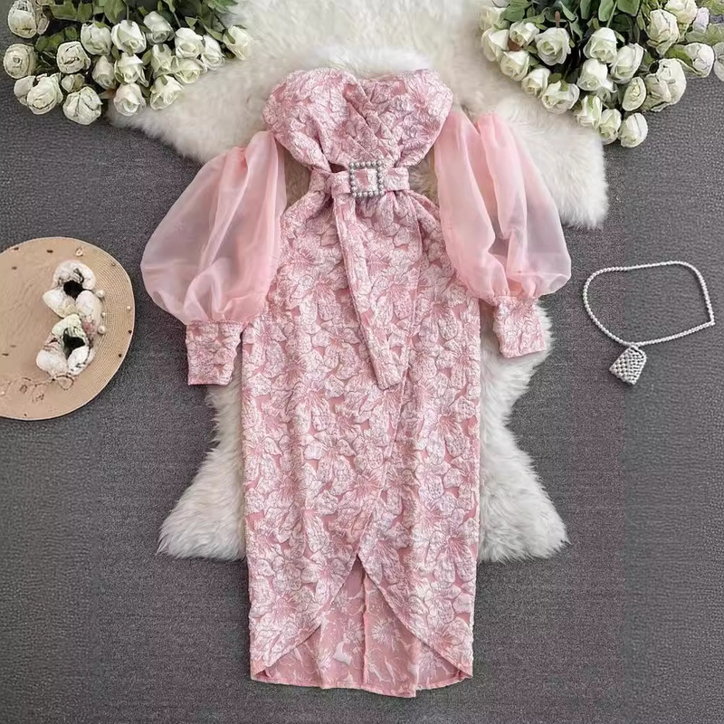 Purple Embossed Jacquard Lantern Long-sleeved dress Women's French Style Elegant Pearl Buckle Tight Waist Slimming Dress
