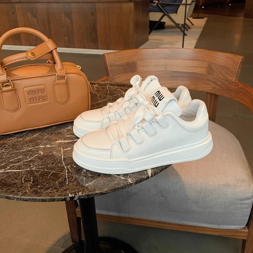 Amiu genuine leather white shoes  autumn new versatile round toe lace-up thick-soled height-increasing sneakers for women's sports and leisure