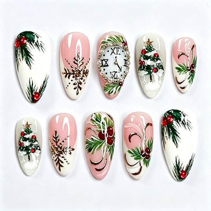 30 pieces of cross-border Christmas-themed, beautifully designed almond-shaped nail tips, featuring gold-plated snowflake French manicure designs, perfect for the Christmas season