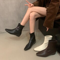 2025韩版新款白色短靴复古百搭简约内增高坡跟短筒气质小方头短靴