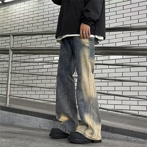 American-style vintage patchwork irregular yellow-dyed denim jeans | Men's and women's relaxed-fit, figure-flattering, flowy high-street micro-flare trousers