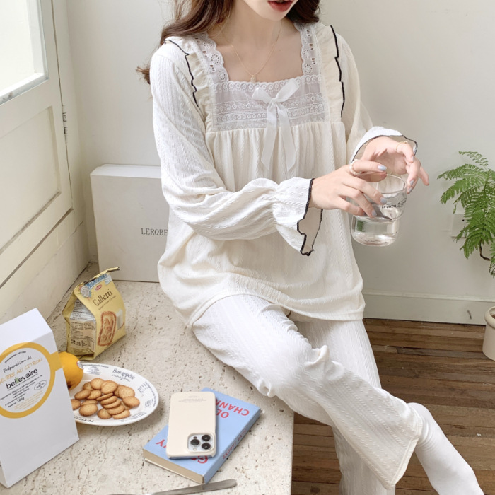 Oso de fresa primavera y otoño pijamas de algodón de manga larga pantalones de estilo de princesa dulce de las mujeres más el tamaño casual ropa para el hogar