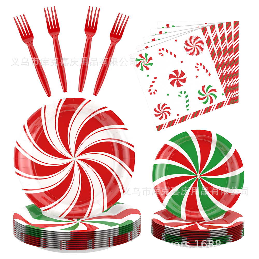 Decoración de fiesta de Navidad transfronteriza Candy de Navidad bandeja de papel desechable toallas de papel tazas y cubiertos set
