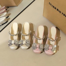 850-H159 Korean version rhinestone bow, half drag, straight strap, height increasing women's shoes, round toe suede back empty slippers for women