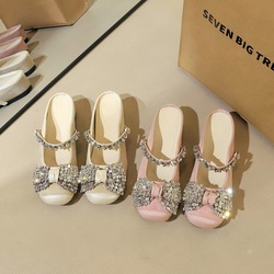 850-H159 Korean version rhinestone bow, half drag, straight strap, height increasing women's shoes, round toe suede back empty slippers for women