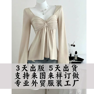 定制欧美新款女式V领长袖优雅休闲T恤纯色褶皱辣妹秋冬套头上衣
