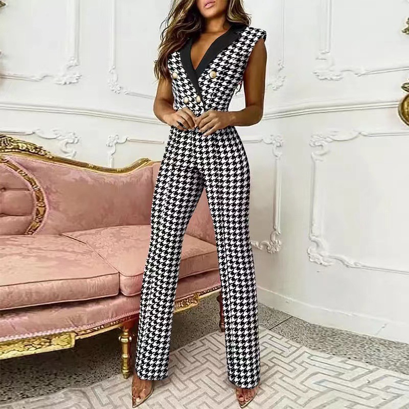 Damen Jumpsuit Mit Karomuster Und V-ausschnitt Ärmellos_voghion.com