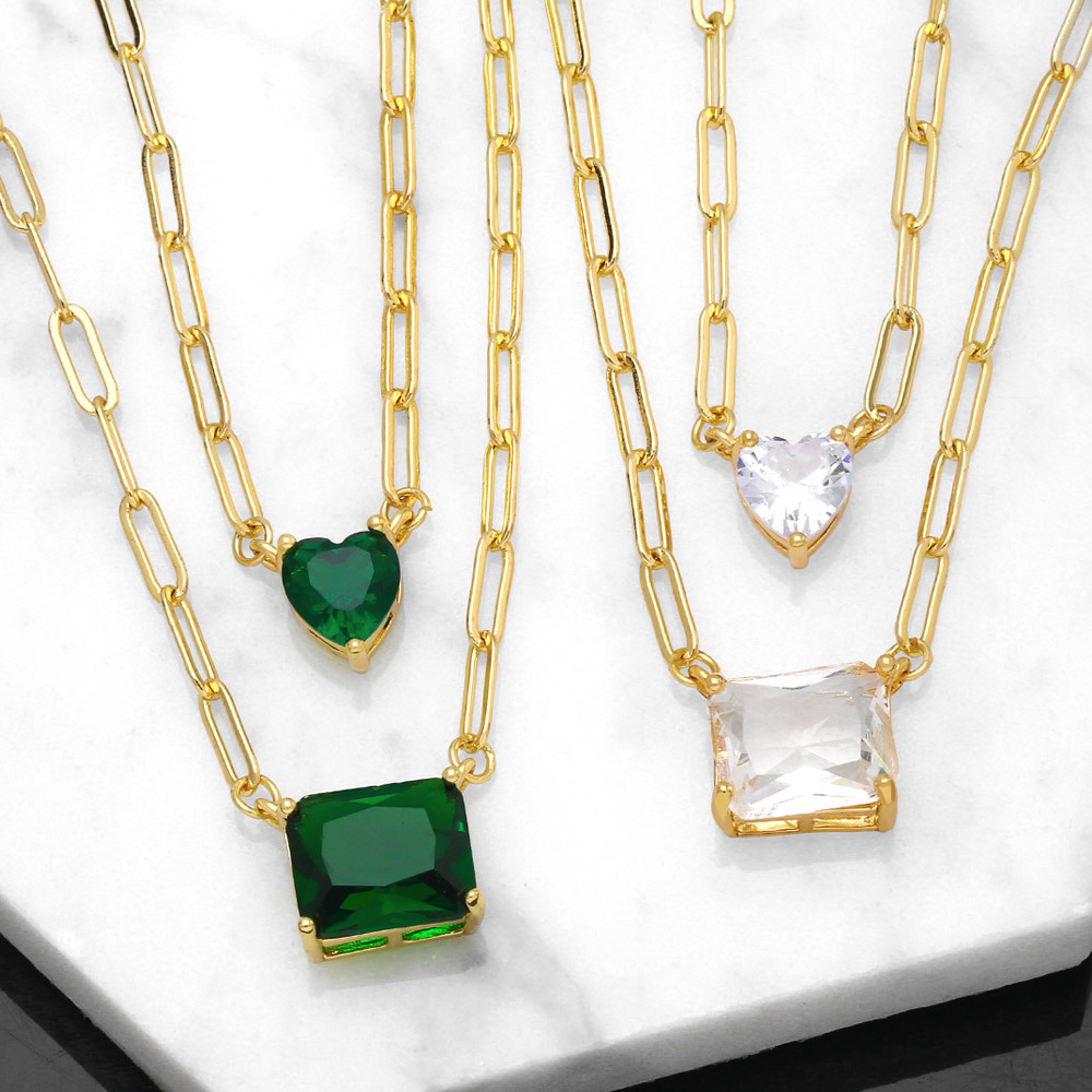 Fashion Elegant Emerald Square Zircon-Inlaid Pendant Short Necklace Wholesale